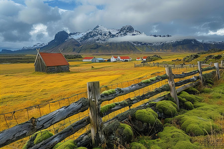 Fence in a field of yellow grass and a village in Icelandの写真素材