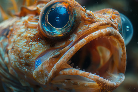 Close-up of a fish's head with a blue eyeの写真素材