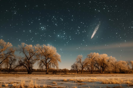 Winter landscape with starry sky and starry sky in the backgroundの写真素材