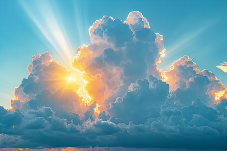 Sunset sky background with clouds and sun rays. Nature background.