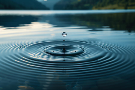 Water drop on a rippled water surface with mountains in the background