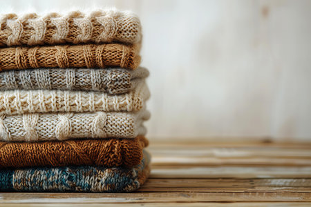Stack of knitted winter clothes on a wooden background. Cozy winter concept.の写真素材