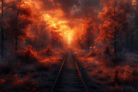 Fantasy landscape with a railway track in the forest, 3d renderの写真素材