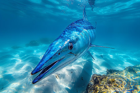 Picture shows a Bluefin tuna at the bottom of the ocean.の写真素材