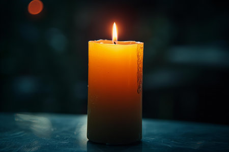 Burning candle on black background. Selective focus. Shallow depth of field.の写真素材