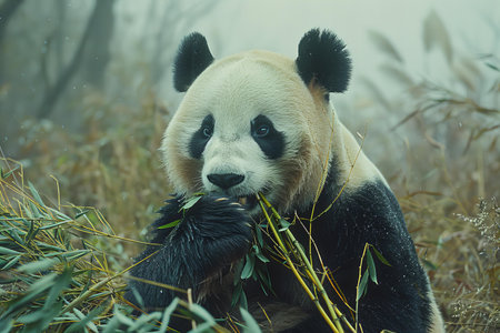 Giant panda eating bamboo leaves in the forest. Chengdu, China.の写真素材