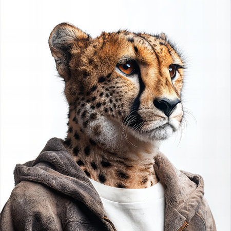 Cheetah in a hood on a white background. Close-up.の写真素材