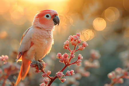 Cockatoo sitting on a branch with pink flowers in the backgroundの写真素材