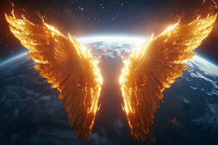 Two golden wings on the background of the planet. 3d renderingの写真素材