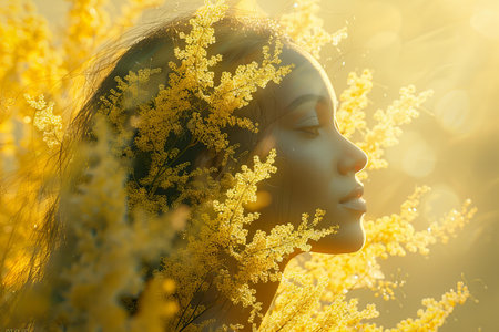 Portrait of beautiful girl with yellow flowers in her hair. Natural beauty.の写真素材