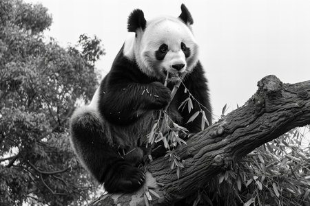 Giant panda eating bamboo in the zoo. Black and white.