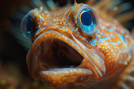 Close-up of the head of a fish in the aquarium.