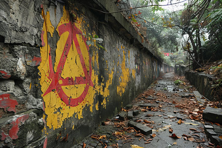 Abandoned wall with warning sign in Hong Kong, China.の写真素材