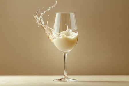 splash of milk in a wine glass on a beige backgroundの写真素材