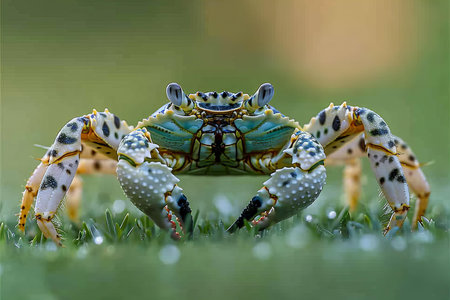 Close-up of a blue crab on the grass in nature.の写真素材