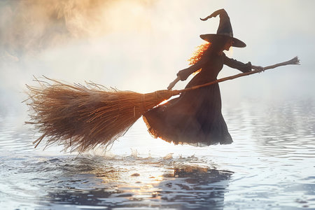 Halloween witch flying on a broomstick in a misty morningの写真素材