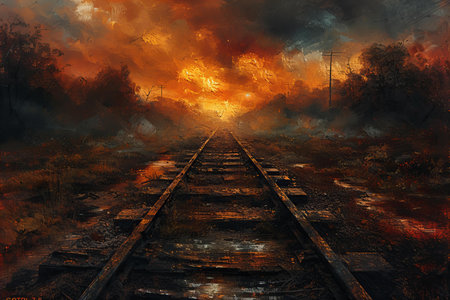 railway in the forest with smoke and fire. 3d illustration