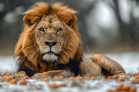 Big male lion lying on the snow and looking at the camera.