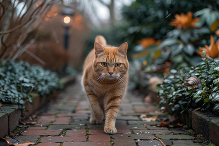 Beautiful ginger cat walking in the park at sunset. Selective focus.
