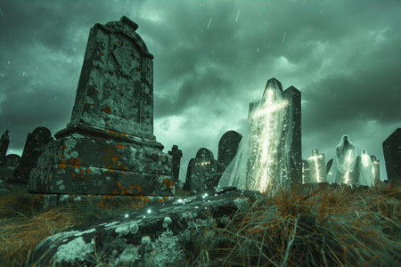 Gravestones in the cemetery. Halloween concept. 3d rendering