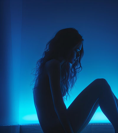Naked woman sitting on the floor in the dark with blue light