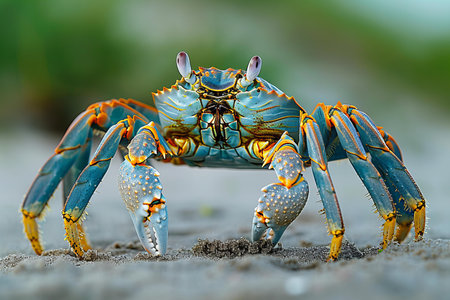 Blue crab on the beach. Close-up. Nature background.