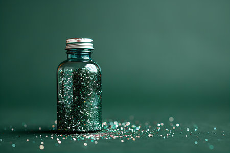 Glass bottle with glitter on a green background. Shallow depth of field.