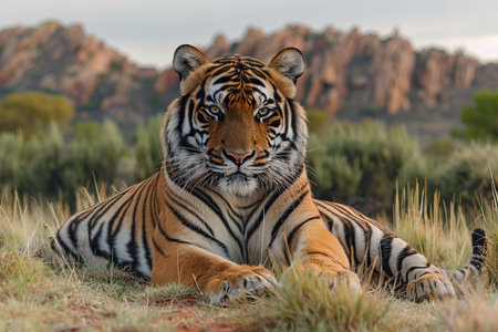 Siberian Tiger lying on the ground in the Kalahari desert, South Africa