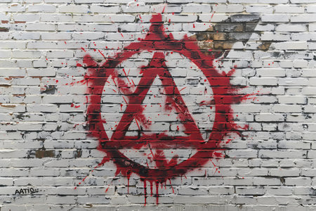 Fragment of graffiti painted on brick wall. Red and white colors.