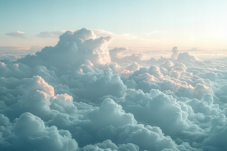 Aerial view of beautiful fluffy white clouds in the blue sky.