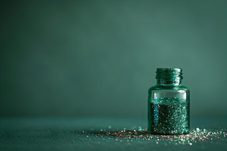 Green glass bottle with glitter on a green background. Copy space.