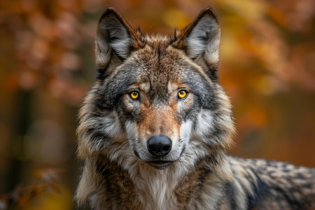 Close-up portrait of a wolf in the autumn forest. Animal portrait.