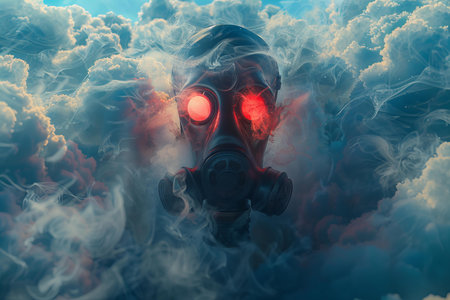 Man in gas mask against the background of clouds. 3d rendering