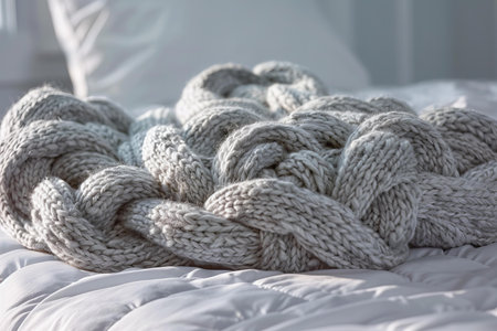 White knitted scarf on the bed. Cozy winter concept.