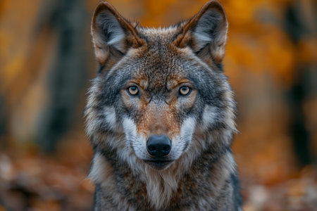 Portrait of a wolf in the autumn forest. Close-up.