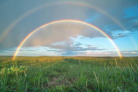Rainbow over the green meadow at sunset. Nature composition.の写真素材
