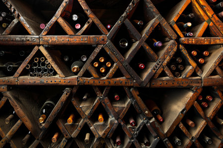 Old wine bottles in a wine cellar, close-up view.