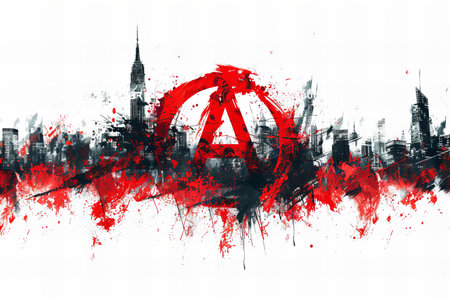 grunge peace symbol on the background of the skyline of the city