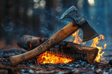 Axe on a log burning in the forest. Fire and smoke.の写真素材