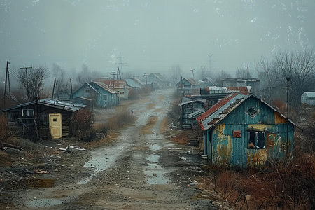 Abandoned village in a foggy winter morning, Russia.