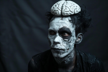 Portrait of a scary zombie man with a brain painted on his face