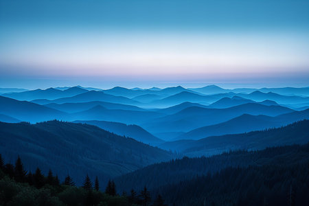 Beautiful sunset in the mountains landscape. Blue sky with clouds. Carpathian, Ukraine, Europe.