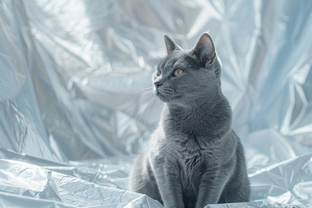 Beautiful gray cat sitting on the background of a silver foil.の写真素材