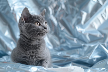 British shorthair kitten on a background of silver foil. Gray catの写真素材