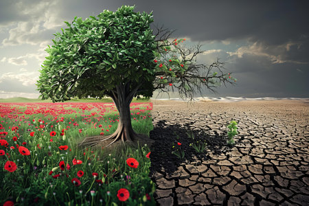Conceptual image with lonely tree on cracked ground and red poppy field