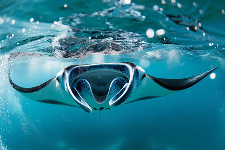 Manta ray swimming underwater in the ocean. 3D Rendering