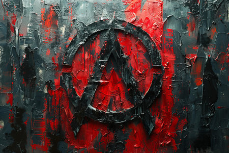 Red and black grunge background with a symbol in the middle.の写真素材