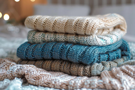 Stack of warm knitted sweaters on the bed. Cozy home concept.