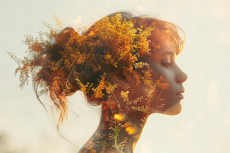 Fashion portrait of young beautiful woman with wild flowers in her hair