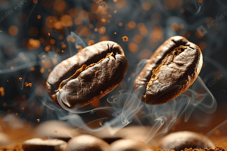 Coffee beans with smoke on wooden background. 3d rendering